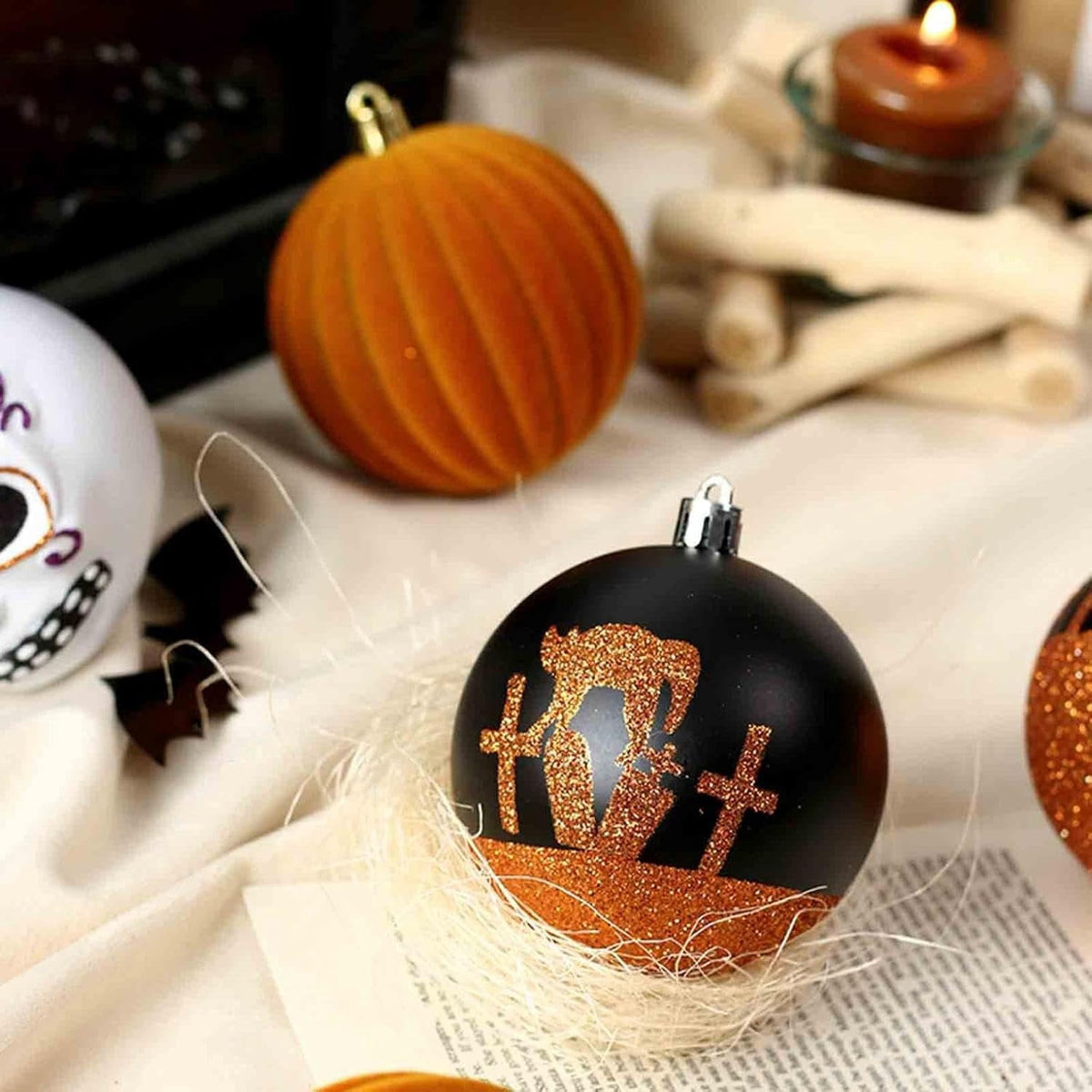 Haunt & Co 9 Pcs Halloween Ornaments for Tree Halloween Party Decor,Spooky Gothic Hangable Pendant Ball,for Car Holiday Party Indoor Outdoor Decor