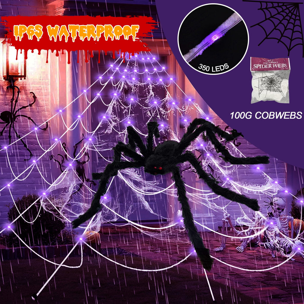 Haunt & Co Scidweet Outdoor, 350 LED Halloween Spider Web Lights with 79" Giant Spider for Home Garden Yard Decor