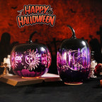 Haunt & Co 2pcs Fall Halloween Pumpkin-Purple Glass Pumpkin Ornament with Enchanted Moon & Star Pattern and Built - in Fairy Lights for Decor