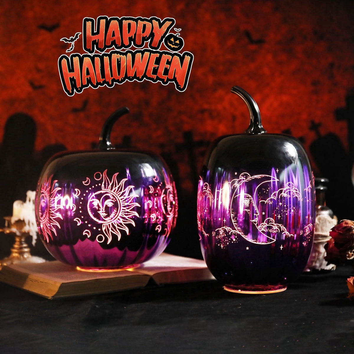 Haunt & Co 2pcs Fall Halloween Pumpkin-Purple Glass Pumpkin Ornament with Enchanted Moon & Star Pattern and Built - in Fairy Lights for Decor