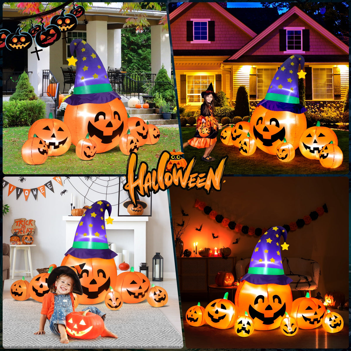 Haunt & Co 8.7ft Halloween Inflatables Pumpkins 7 Blow Up Decor with Witches Hat, Built-in LED Lights