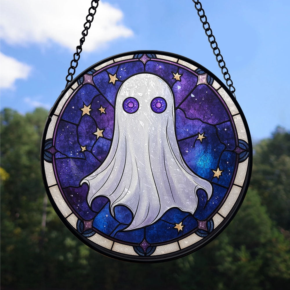 Haunt & Co Vintage Style Christmas Gift - Halloween White Cute Ghosts Spooky Oranges Stained Glass Hanging Ornament - Snow-Dusted Pines Christmas Tree Decor, Gift for Family & Friends, Keepsake 2025