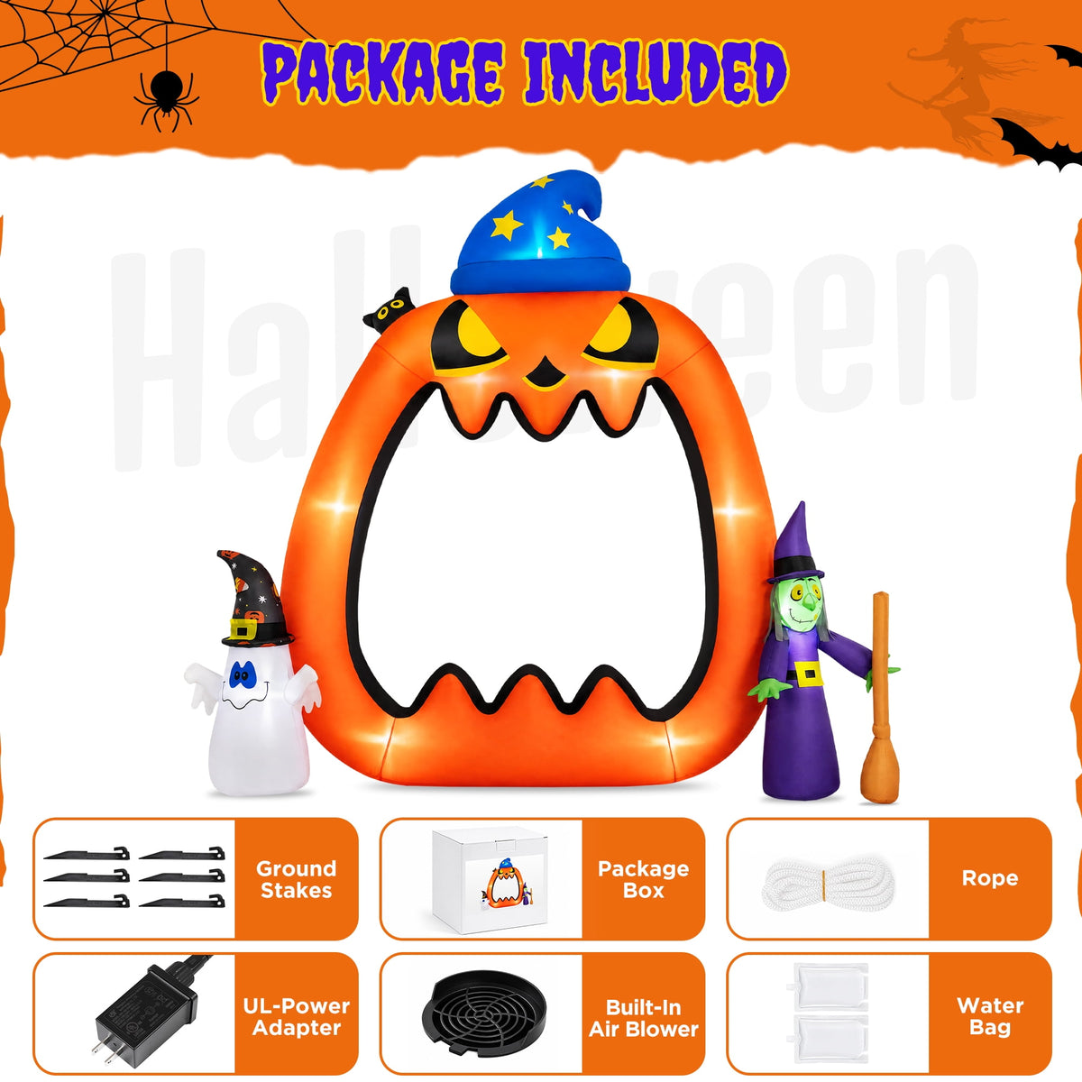 Haunt & Co 8.2ft Halloween Inflatable Pumpkins Photo Door with Ghost Witch Yard Party Outdoor Decorations with LED Lights