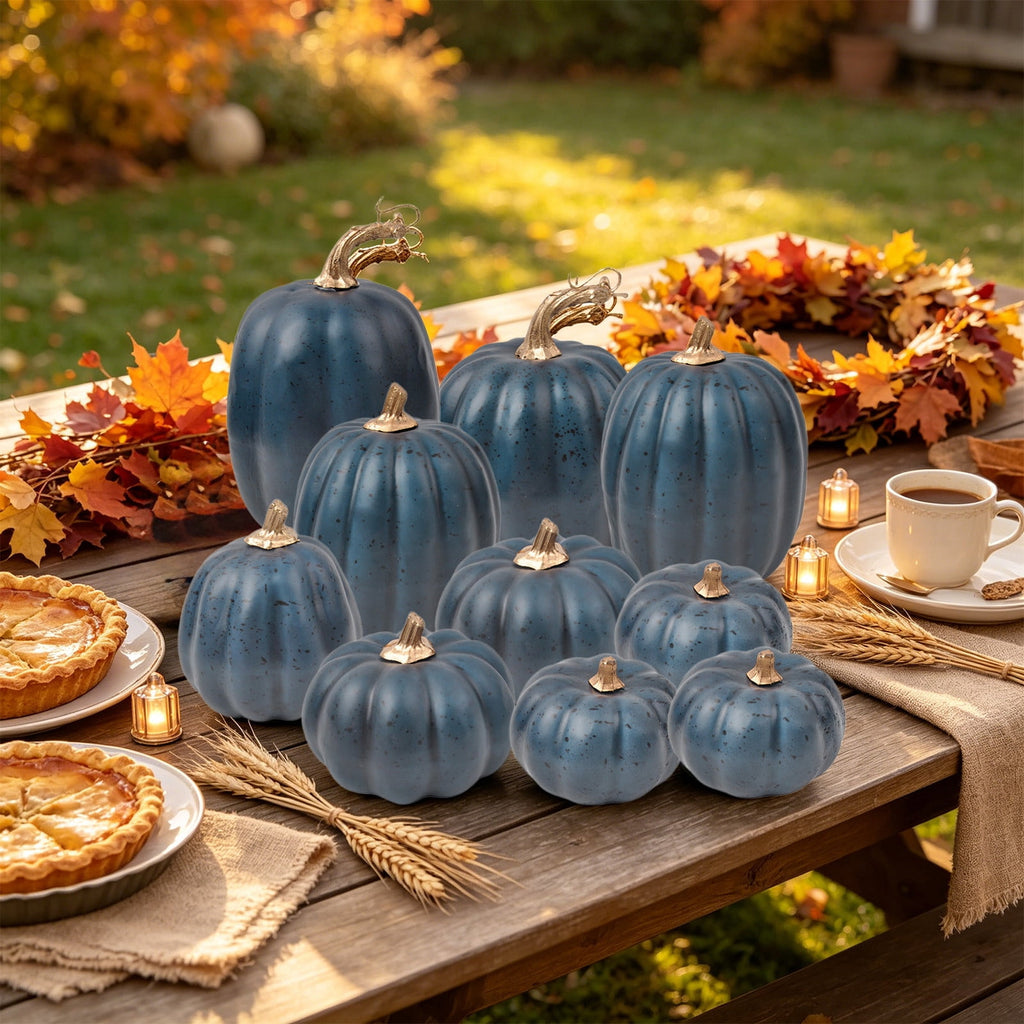 Haunt & Co Blue Artificial Pumpkins Decor Foam Pumpkin Ornament Fall Harvest Thanksgiving Halloween Mantel Tiered Tray Table Centerpiece Home Decoration Speckled Rustic Display Accent
