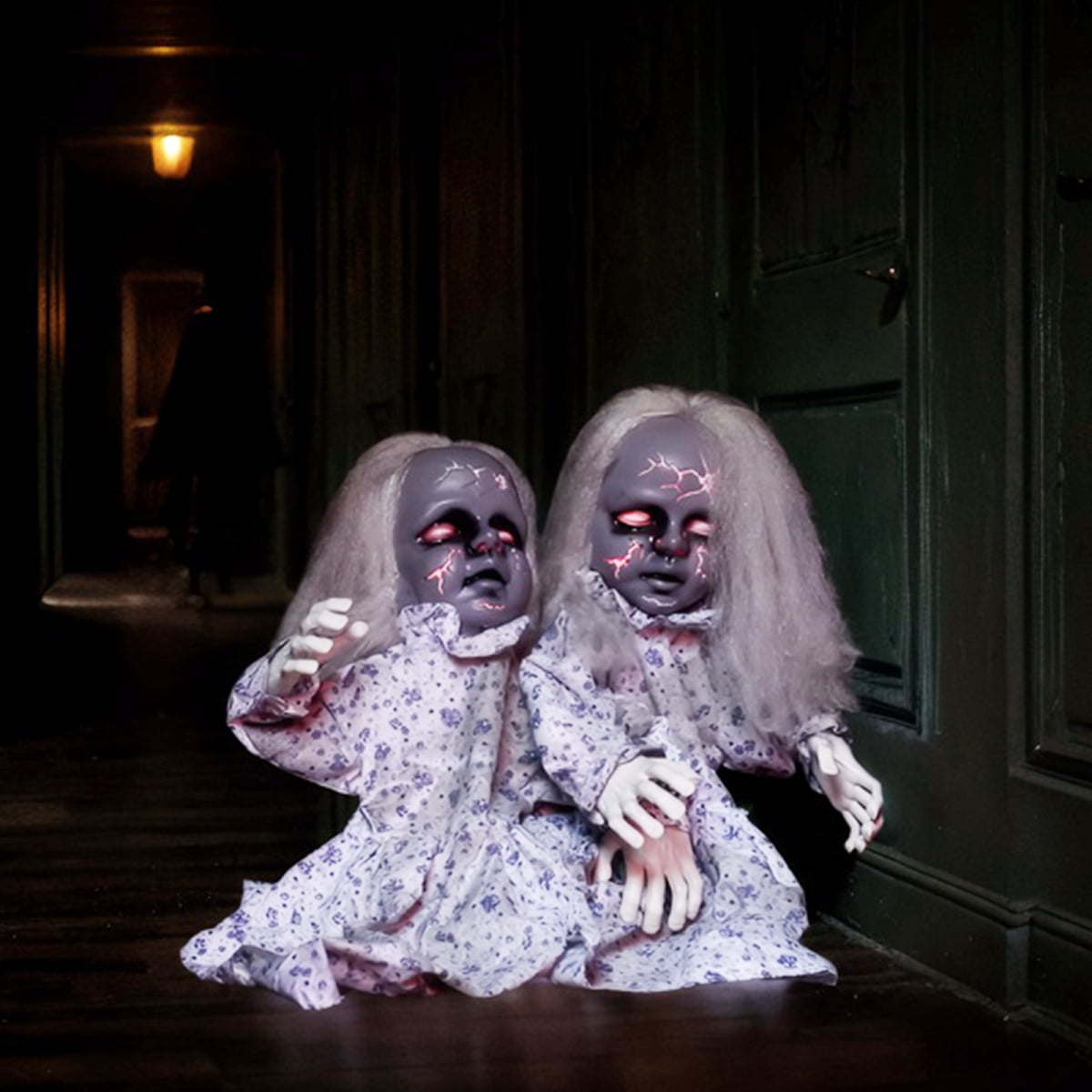 Haunt & Co 2.8ft Halloween Scary Yard Decorations, Twin Girls Halloween Standing Decoration, Animated Haunted House Halloween Party Prop Decoration, with Creepy Sounds