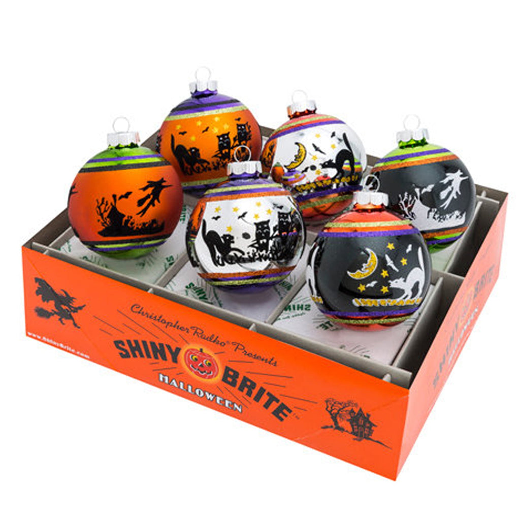 Haunt & Co Shiny Brite 3.25 Halloween Flocked Rounds Ornament Signature Cats Witch 4026976