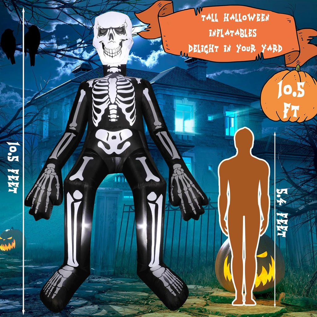Haunt & Co Halloween Inflatables Outdoor Decorations, 10.5FT Sitting Skeleton Halloween Outdoor Inflatables Decorations Skeleton Blow Up Built in Lights Air Pump