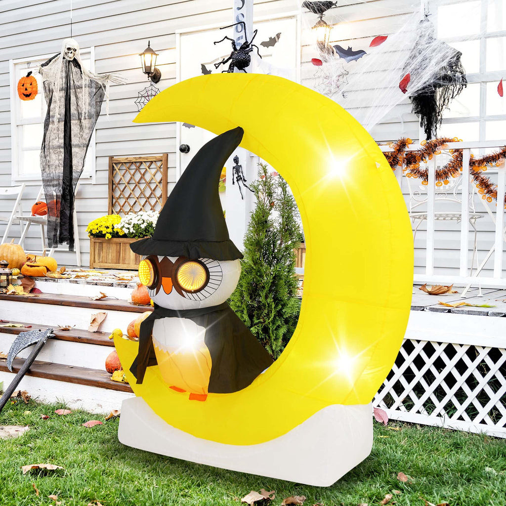 Haunt & Co Costway 4.3 x 5.1 ft Inflatable Owl on Moon LED Lighted w/ Large Moon & Wizard Owl w/ Stakes & Sandbags