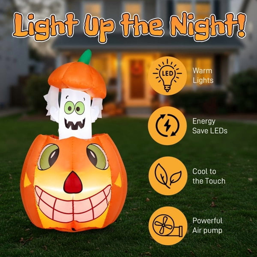 Haunt & Co 2.8FT Halloween Inflatable Animated Pumpkin Ghost, 2 White LED Lights, Weather-Resistant Polyester, for Small Spaces/Accent Decor