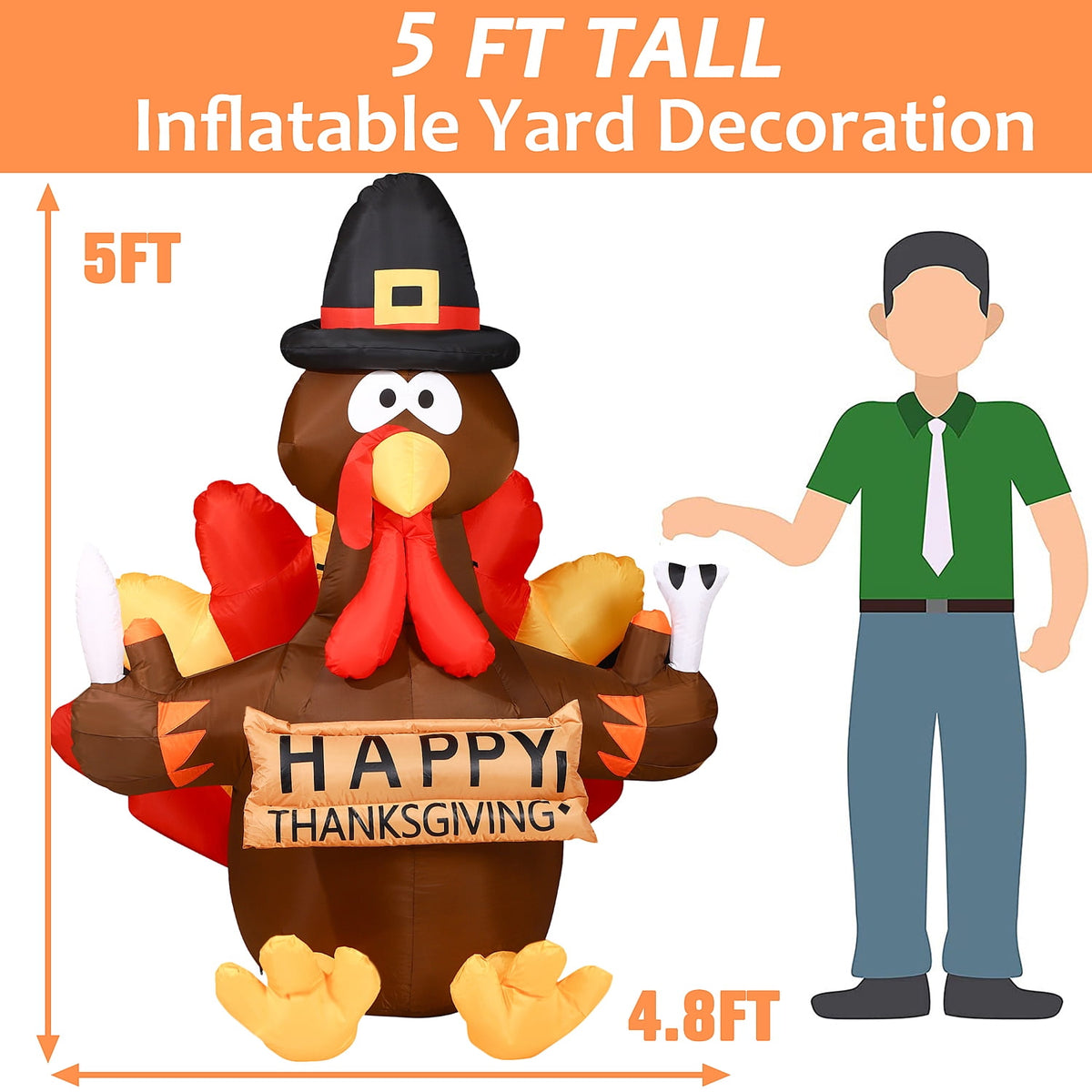 Haunt & Co Thanksgiving Inflatable Turkey 5FT Blow up Outdoor Thanksgiving Inflatables Decoration with LED Lights for Holiday Party Yard Garden