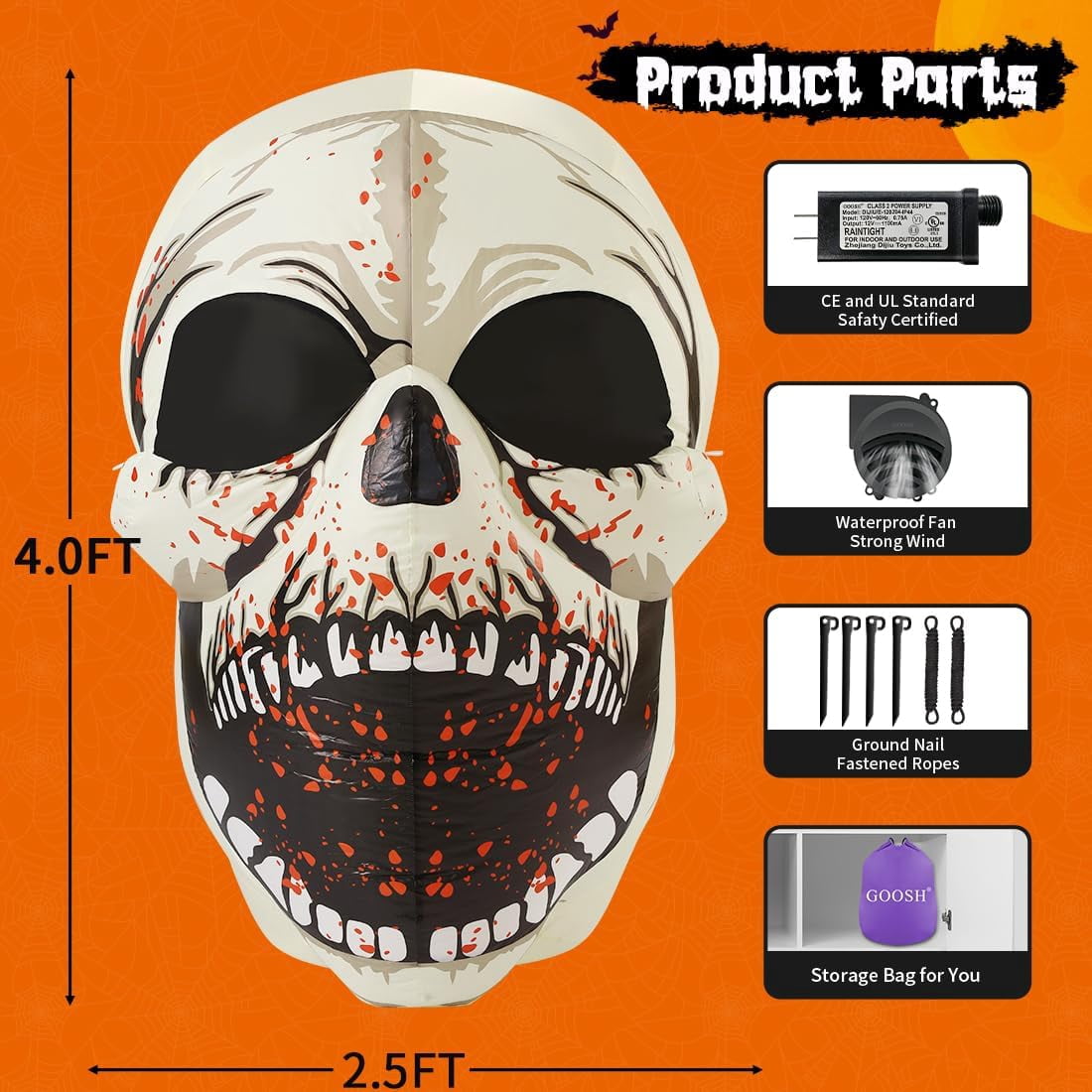 Haunt & Co Halloween Inflatables 4 FT High Halloween Inflatable Skull with Magic LEDs, Scary Skulls Inflatable Halloween Skull Inflatable, Outdoor Clearance for Holiday Party