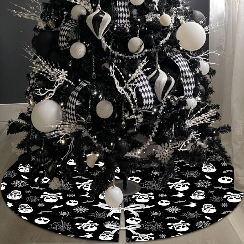 Haunt & Co Black Gothic Christmas Tree Decorations with Scary Skull Christmas Tree Skirt, Large Decorative Tree Topper Bow, 12Pcs Tree Hanging Ornaments for Winter Halloween Xmas Tree Decor