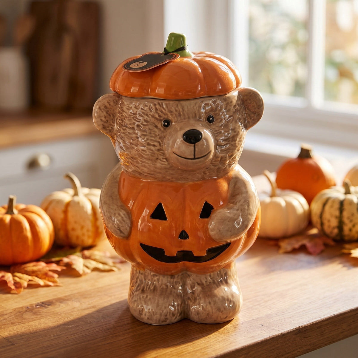 Haunt & Co Halloween Pumpkin Teddy Bear Candy Jar, Festive Snack Storage Container Decorative Resin Ornament, Cute Display Candy Holder for Kitchen Table Party Halloween Home Decoration Gift