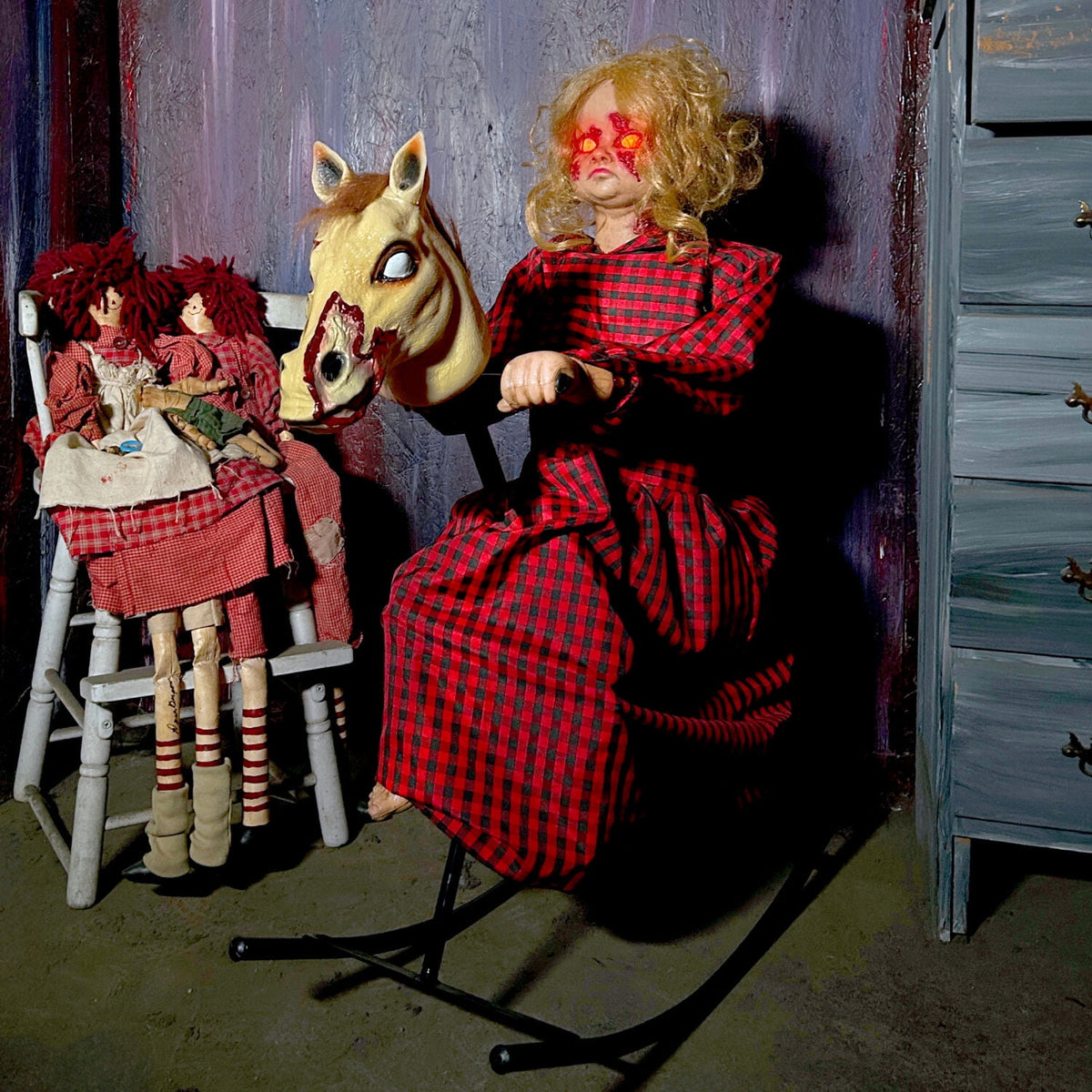 Haunt & Co 3.2 ft Voice & Sound-Sensor Rocking Horse Girl Halloween Animatronic