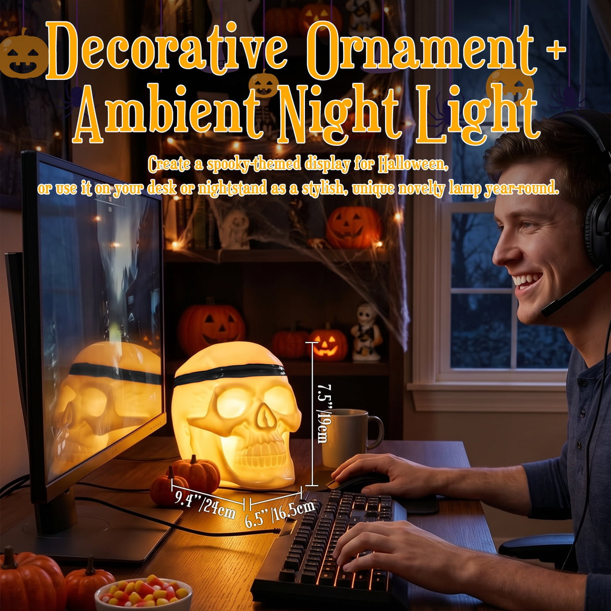 Haunt & Co Postlucky 7.5" 8-Color Dimmable LED Skull Light, Halloween Outdoor Skeleton Decor Lamp, 3 AA Battery Powered, Black Strip Accessory