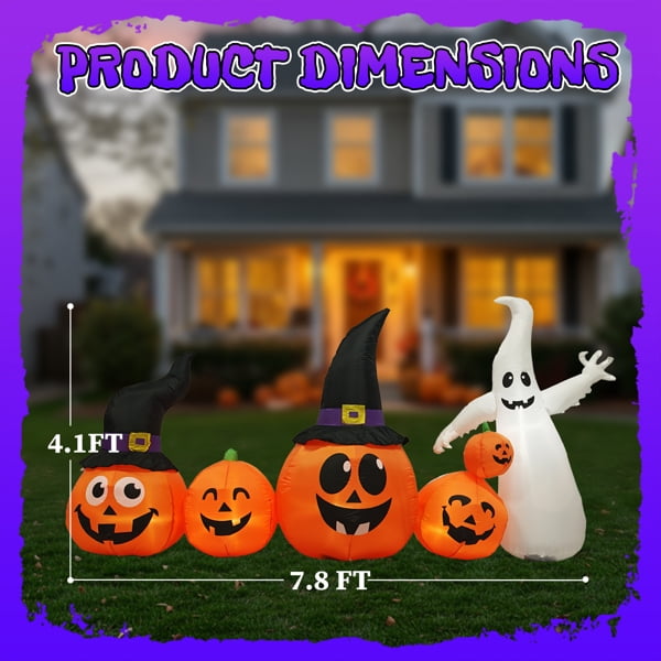 Haunt & Co 8FT Halloween Inflatable Pumpkin Ghost Scene, 5 Total LEDs, Waterproof Polyester, Quick Inflation with Stakes/Ropes