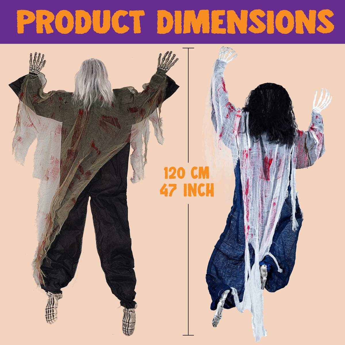 Haunt & Co 2 Pack 47 inch Climbing Zombie Skeleton with Bloodstains,Halloween Hanging Decorations Indoor and Outdoor Yard Decorations