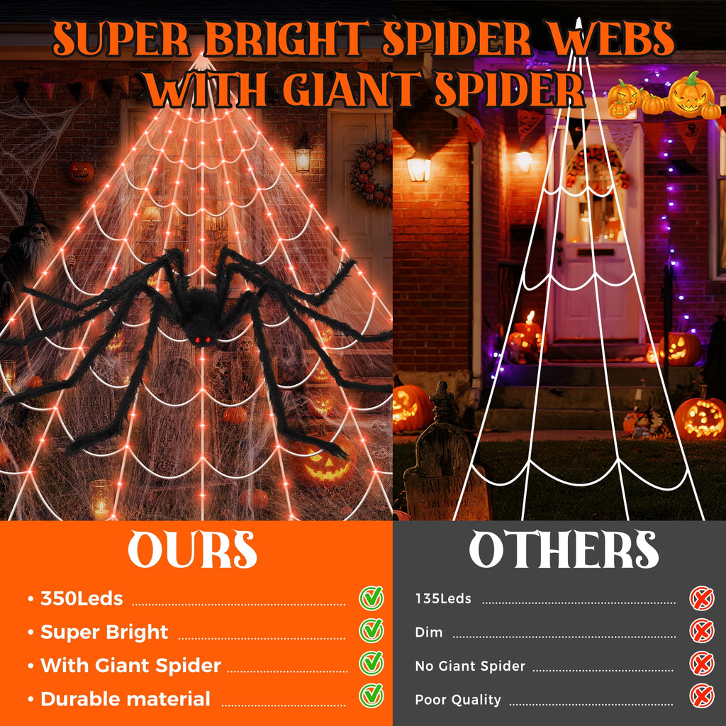 Haunt & Co Scidweet Outdoor, 350 LED Halloween Spider Web Lights with 79" Large Spider for Outside Garden Yard Home Decor, Orange