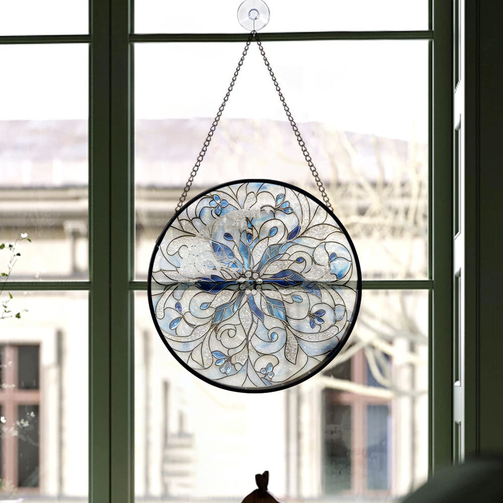 Haunt & Co Holiday Gift - Christmas Snowflake Halloween Round Xmas Stained Glass Hanging Ornament - Classic Christmas Tree Decoration, Great Holiday Gift for Dad, Mom, Family & Friends