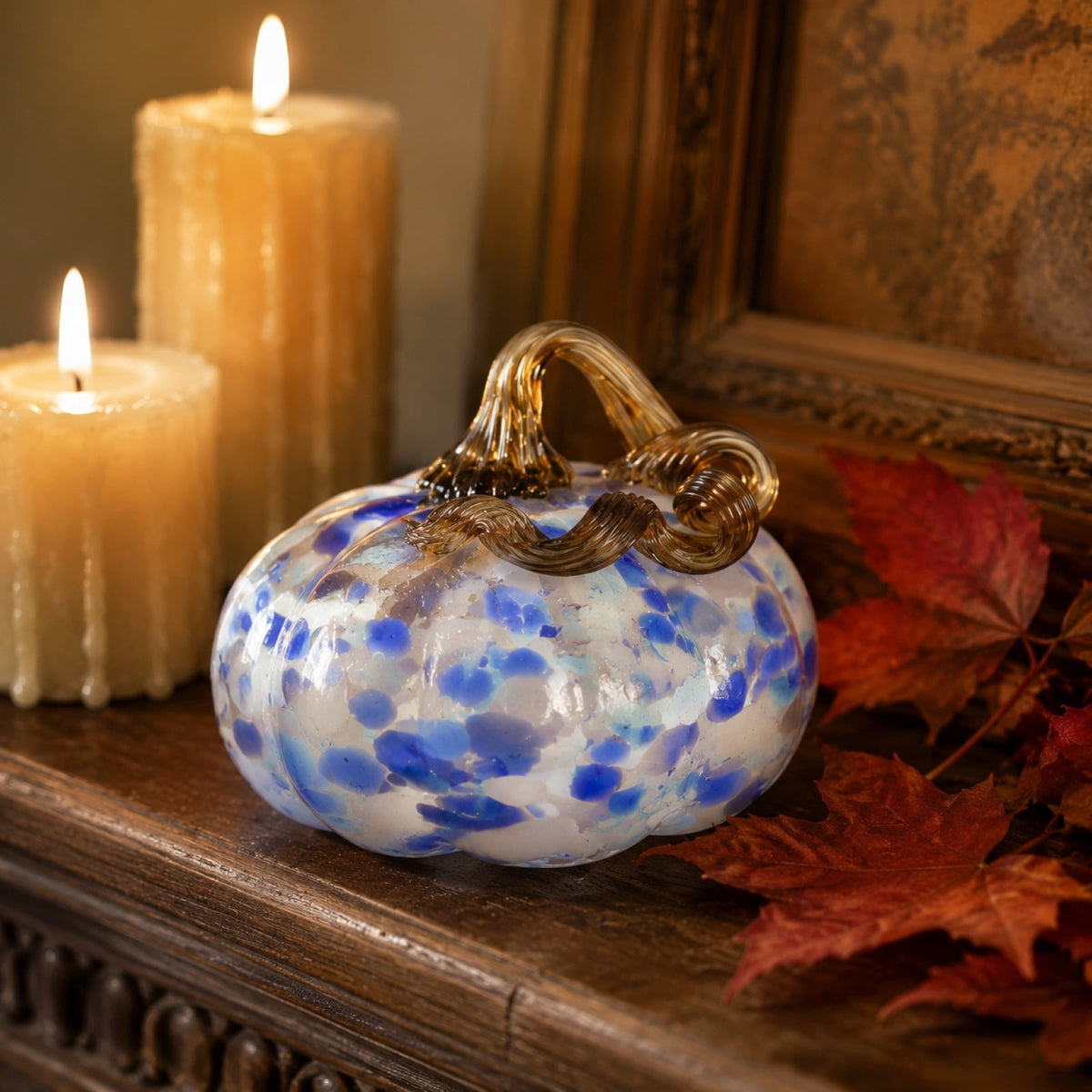 Haunt & Co Hand Blown Glass Pumpkin Figurines Halloween Decorations - Colorful Halloween Pumpkin Ornaments with Unique Swirl Patterns, Festive Tabletop & Tree Hanging Decoration