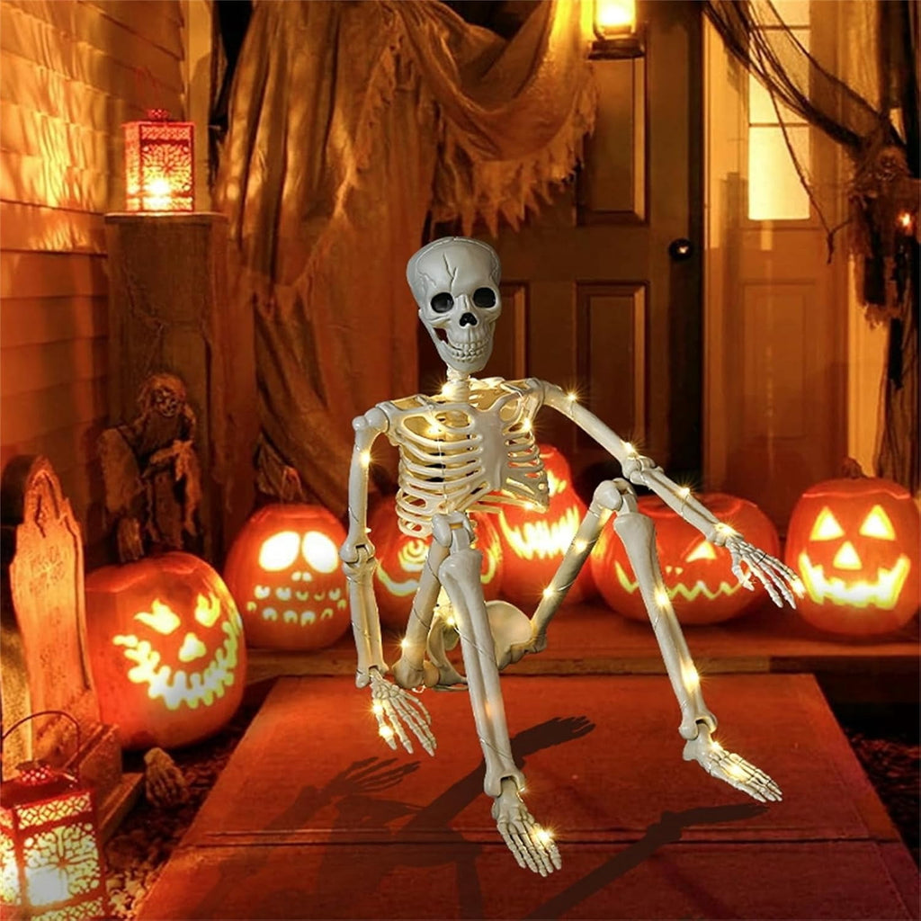 Haunt & Co 36" Full Body Skeleton Decoration,Halloween Posable Skeleton with Lights, Posable Joints Gothic Skeletons Decoration
