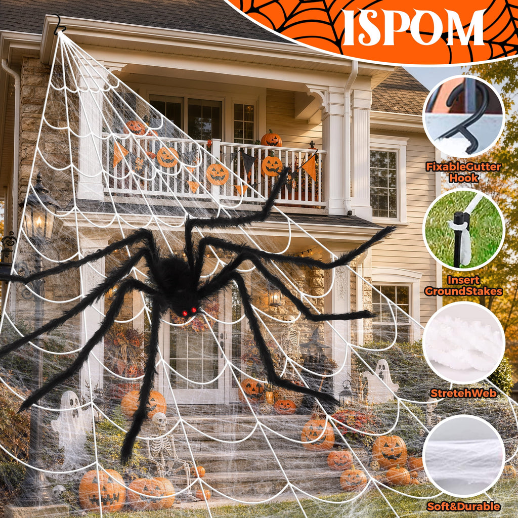 Haunt & Co Scidweet Outdoor, 350 LED Halloween Spider Web Lights with 79" Large Spider for Outside Garden Yard Home Decor, Orange