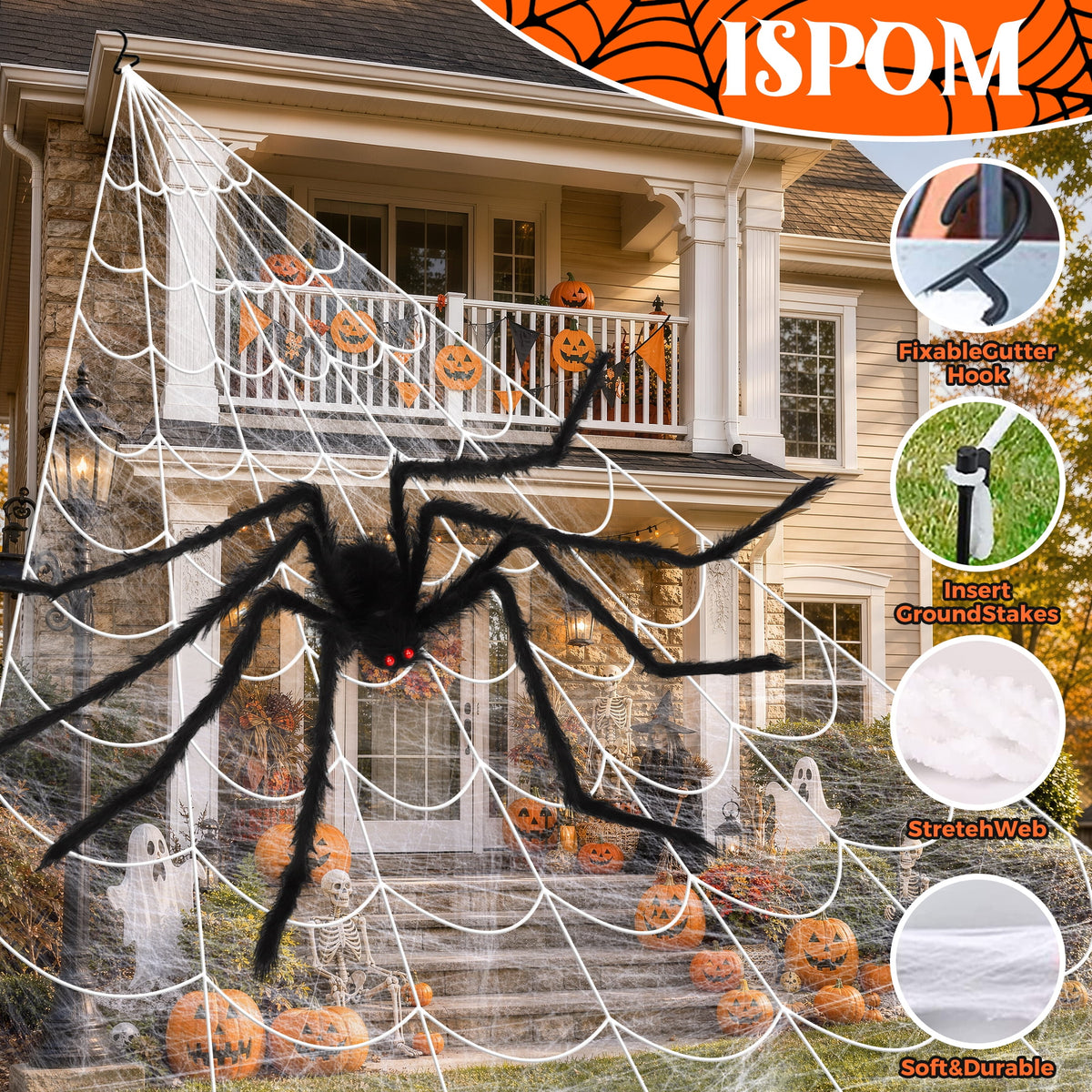 Haunt & Co Scidweet Outdoor, 350 LED Halloween Spider Web Lights with 79" Large Spider for Outside Garden Yard Home Decor, Orange