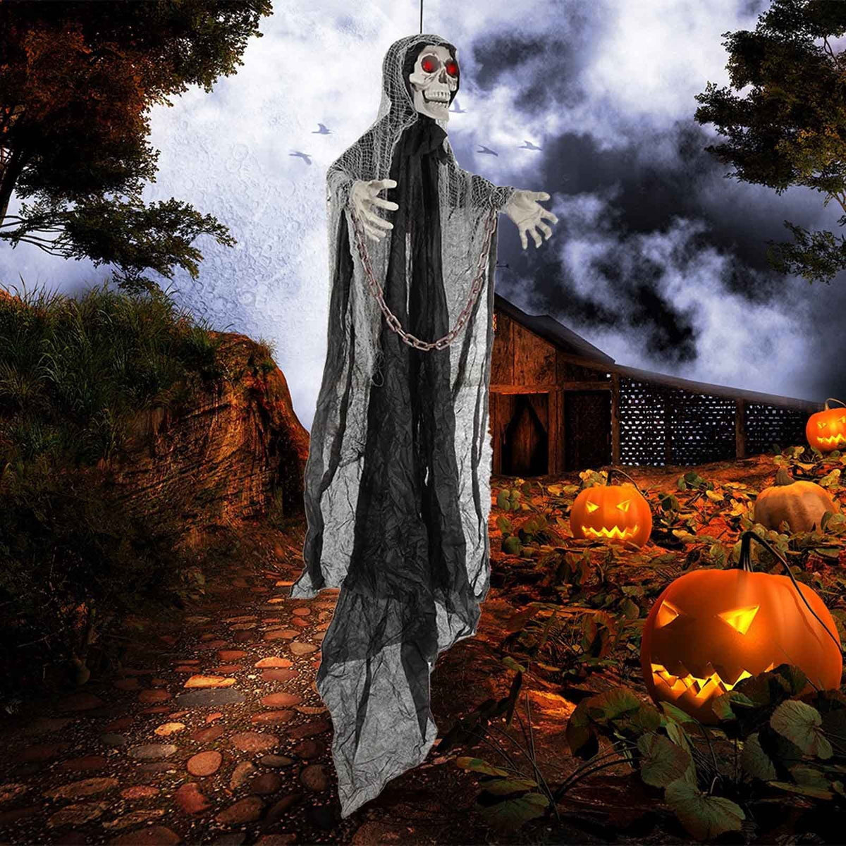 Haunt & Co Ghost Ornaments with Chain, Realistic Terrifying Halloween Hanging Statue, Durable Outdoor Plastic Courtyard Garden Decor, Spooky Porch Terrace Party Scene Prop