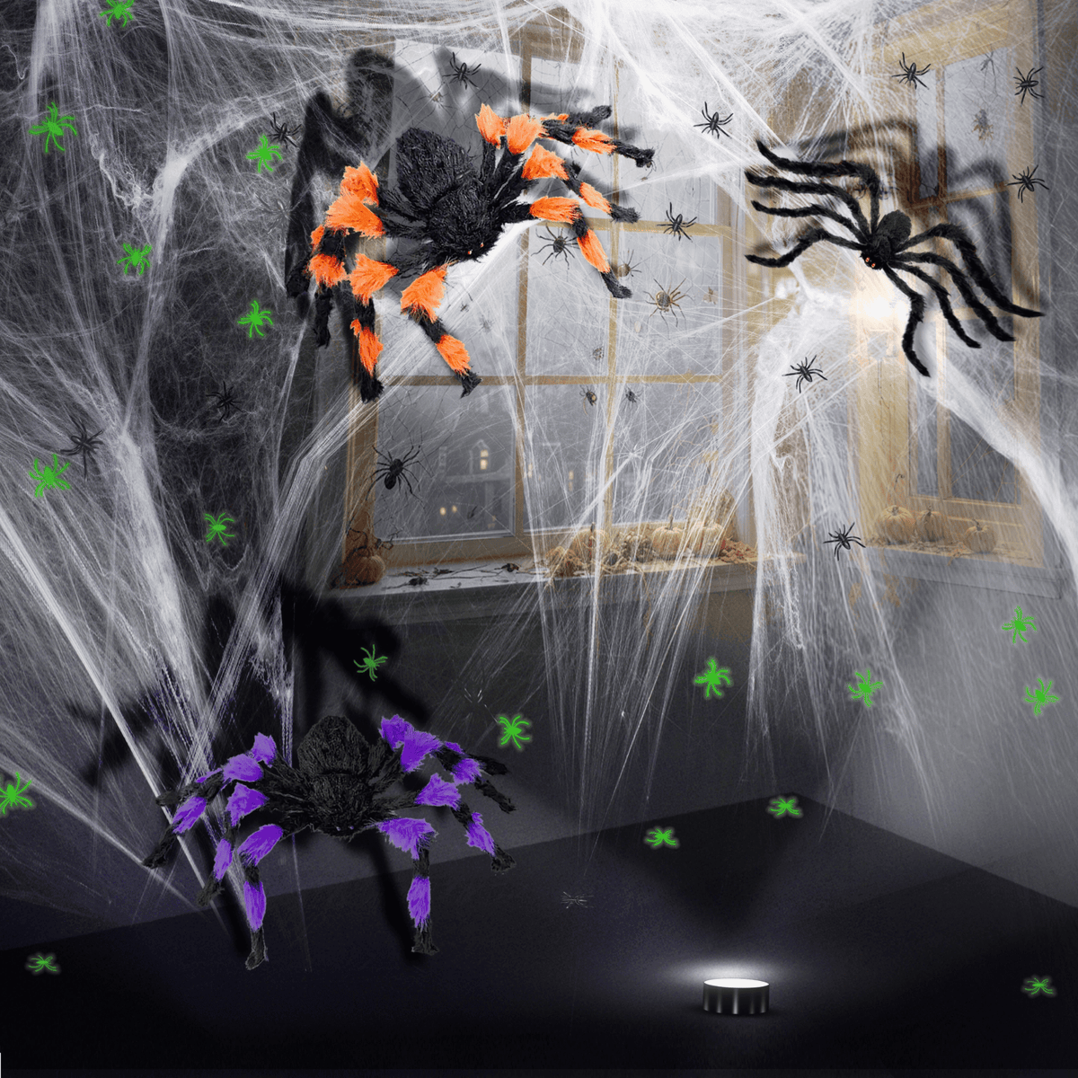 Haunt & Co JoyX Giant Halloween Spider Web Decoration Set, 23 ft Huge Web with 50" Large Spider, LED Light, and Glow in The Dark Spiders