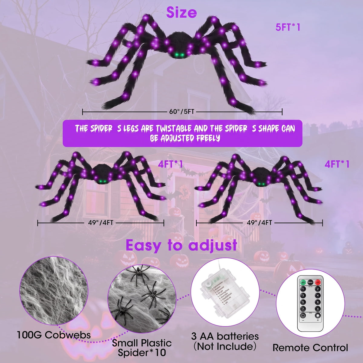 Haunt & Co Halloween Spider Decorations Set, 5FT and 2 Pack 4FT Lighted Giant Spider Decorations