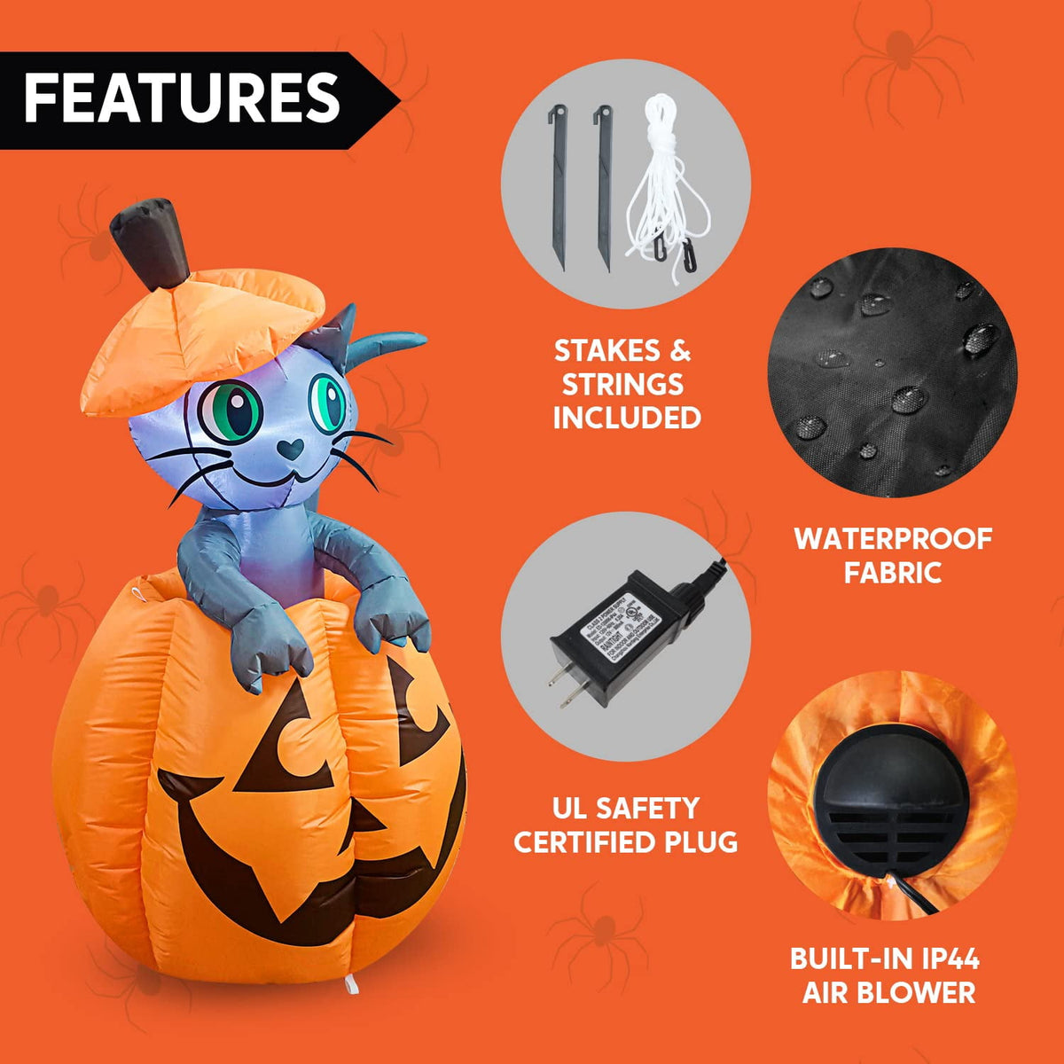 Haunt & Co 5 ft Halloween Inflatable Animated Cat on Pumpkin,Halloween Outdoor Decoration with LED Lights,Blow Up Decoration