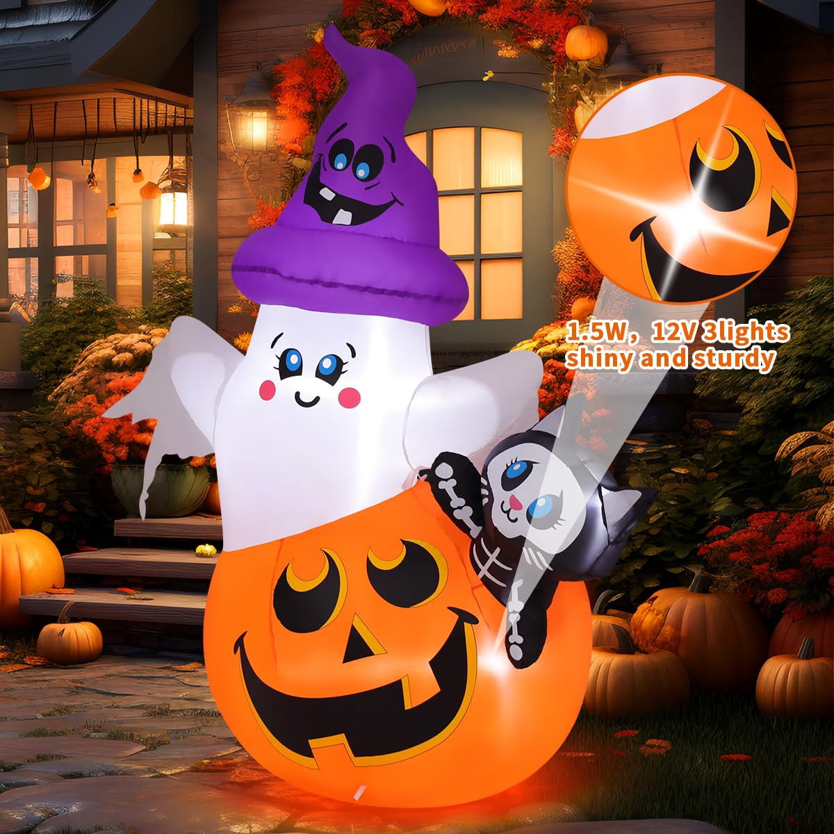 Haunt & Co COMIN 5 FT Halloween Inflatables Pumpkin Ghost Cat Outdoor Decorations Blow Up Yard with Built-in LEDs