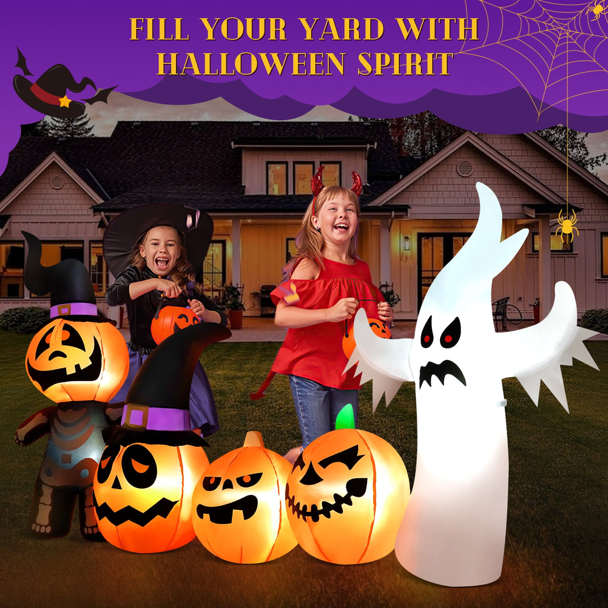 Haunt & Co Vrilay Halloween Inflatables, 7 FT Long 4 Pumpkins with Cute White Ghost Outdoor Decorations, Built-in LEDs, Blow Up Party, Waterproof Yard, Garden, Lawn Decor