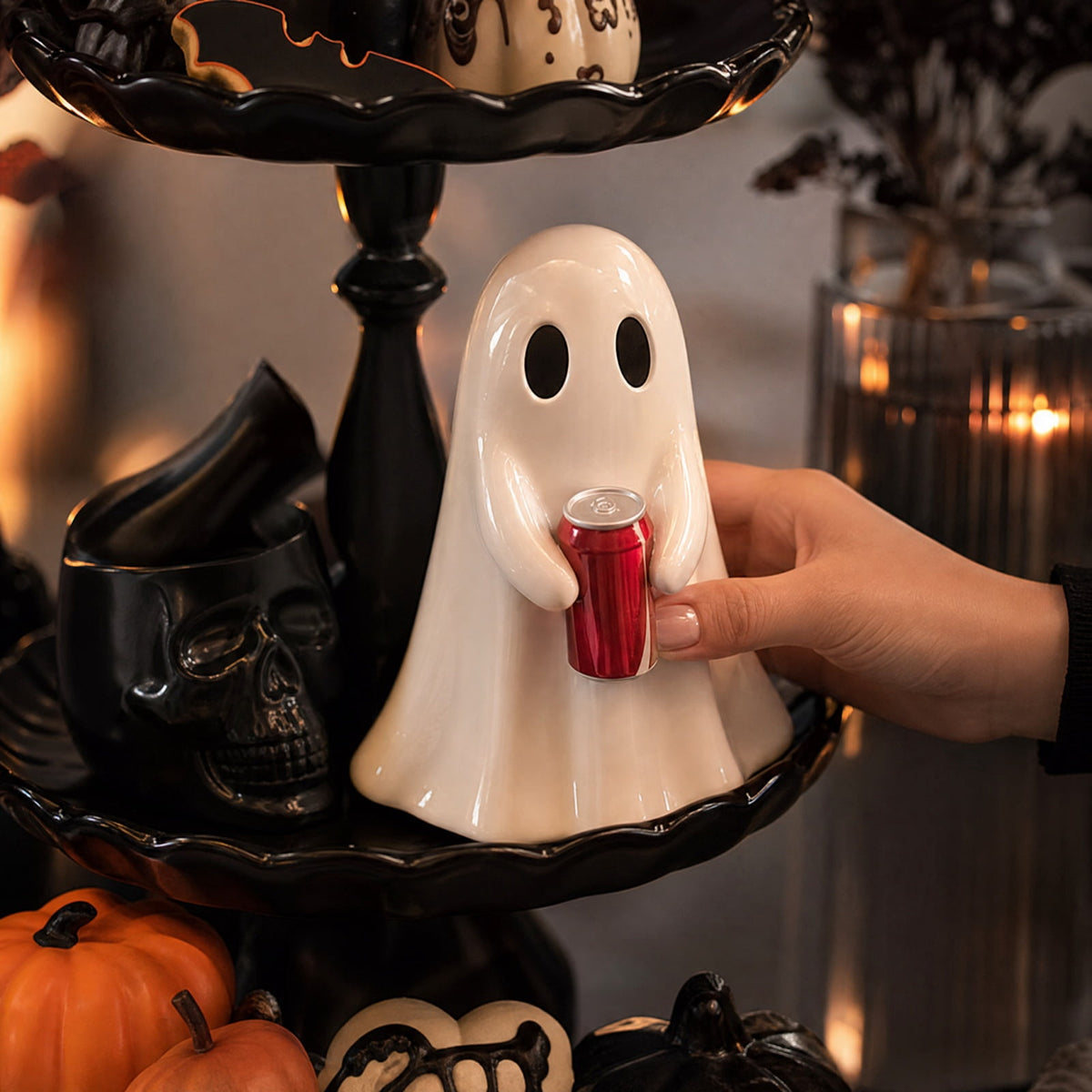 Haunt & Co Halloween Decor Cute Ghost Holding Soda Can Resin Figurine, Halloween Table Decor Spooky Ghost Desktop Ornament, Halloween Ornaments Funny Halloween Decorations for Indoor Home Party Shelf Display-A