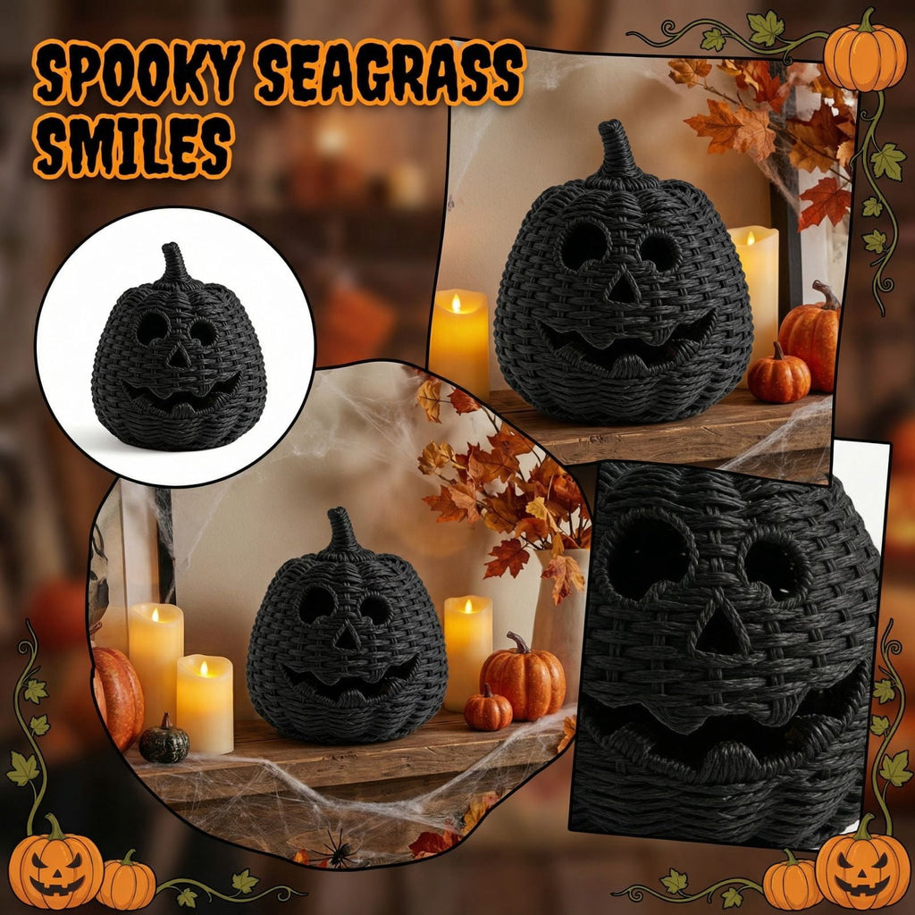 Haunt & Co XHKUYI Halloween Hand-Woven Pumpkin Decorations 10 inch, Happy Haunting Seagrass Plastic Pumpkin Ornament, for Halloween Entryway Tabletop Mantel Haunt House Porch Decor