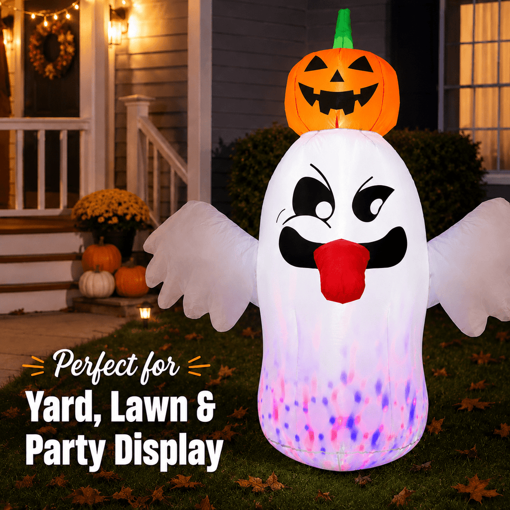 Haunt & Co 6FT Halloween Inflatable Ghost with Pumpkin Head, Light-Up Blow Up Outdoor Yard Decoration with White and RGB LED Lights