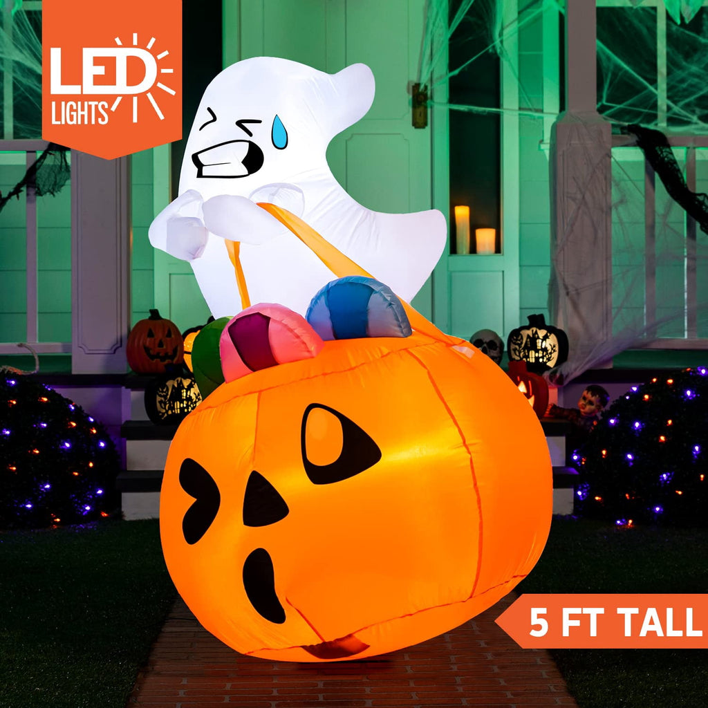 Haunt & Co 5ft Halloween Inflatables Light up Cute Ghost,Blow Up Ghost Lift Pumpkin Candy Bag with Build-in LEDs