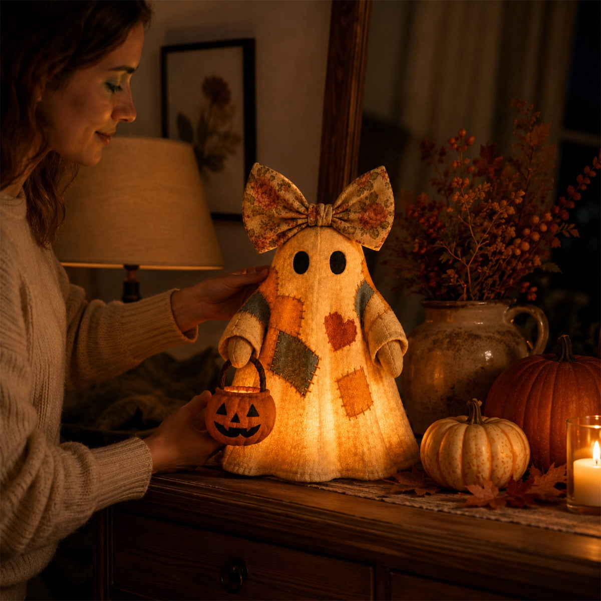 Haunt & Co 1PCS 13.78 inch Lighted Vintage Patchwork Ghost, Retro Quilted Light Up Figurine, Farmhouse Style Halloween Ornament for Seasonal Home Display
