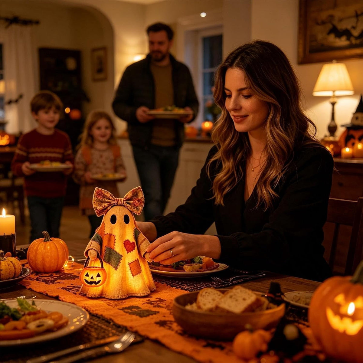 Haunt & Co 2PCS Lighted Vintage Patchwork Ghost, 13.8" Portable Glowing Ghost Design Birthday Gifts with Pumpkin Buckets, Halloween Indoor Room Decor, Floral Bow Halloween Theme Ornaments for Students