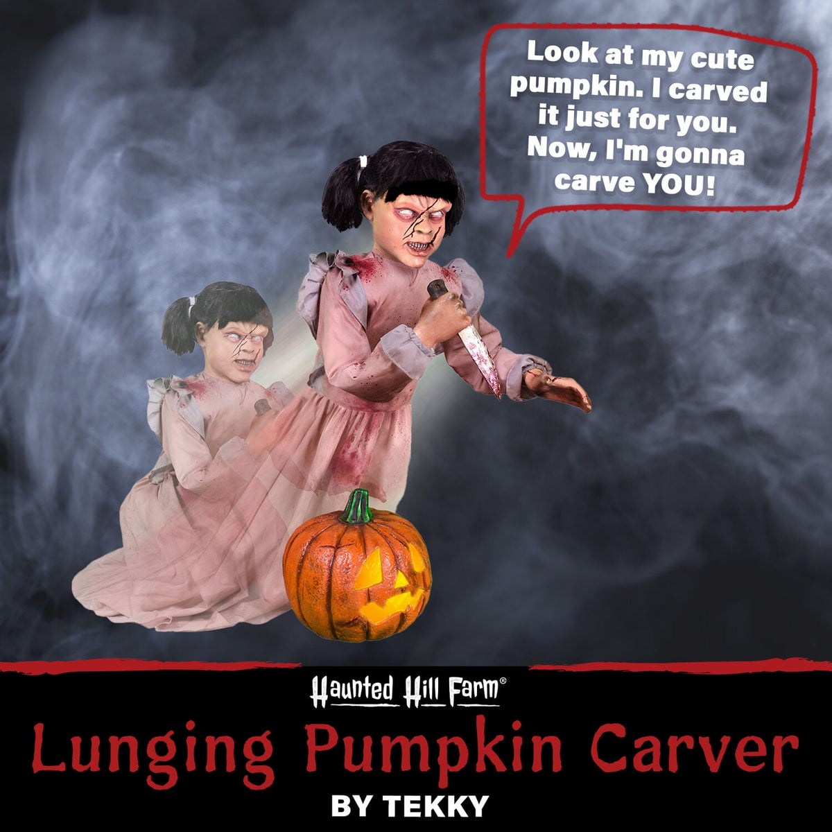 Haunt & Co Lunging Pumpkin Carver Zombie Girl with Jack O'Lantern by Tekky, 3.2 ft Premium Talking Halloween Animatronic