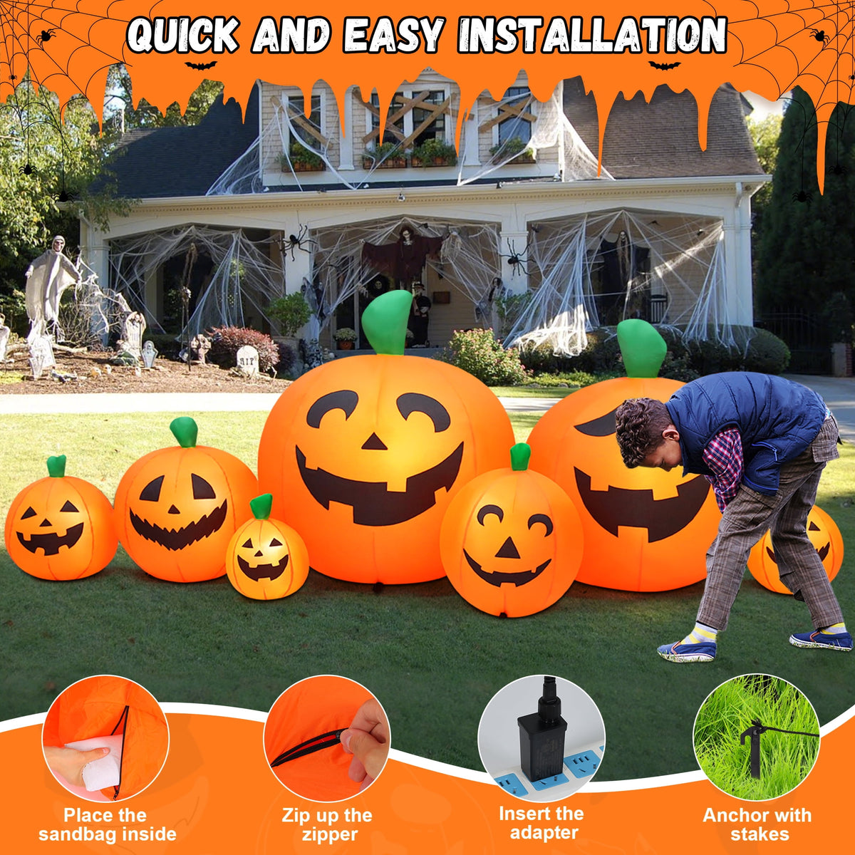 Haunt & Co 8 FT Halloween Inflatables Pumpkin,7 Pumpkins Halloween Outdoor Decoration with Built-in LED Lights,Halloween Blow Ups