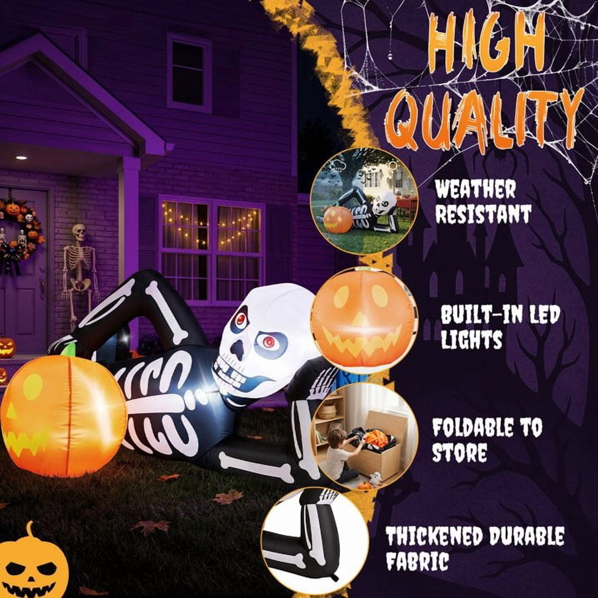 Haunt & Co 7' Halloween Inflatables Skeleton Outdoor Reclining Skeleton with Pumpkin,Built-In LED Lights