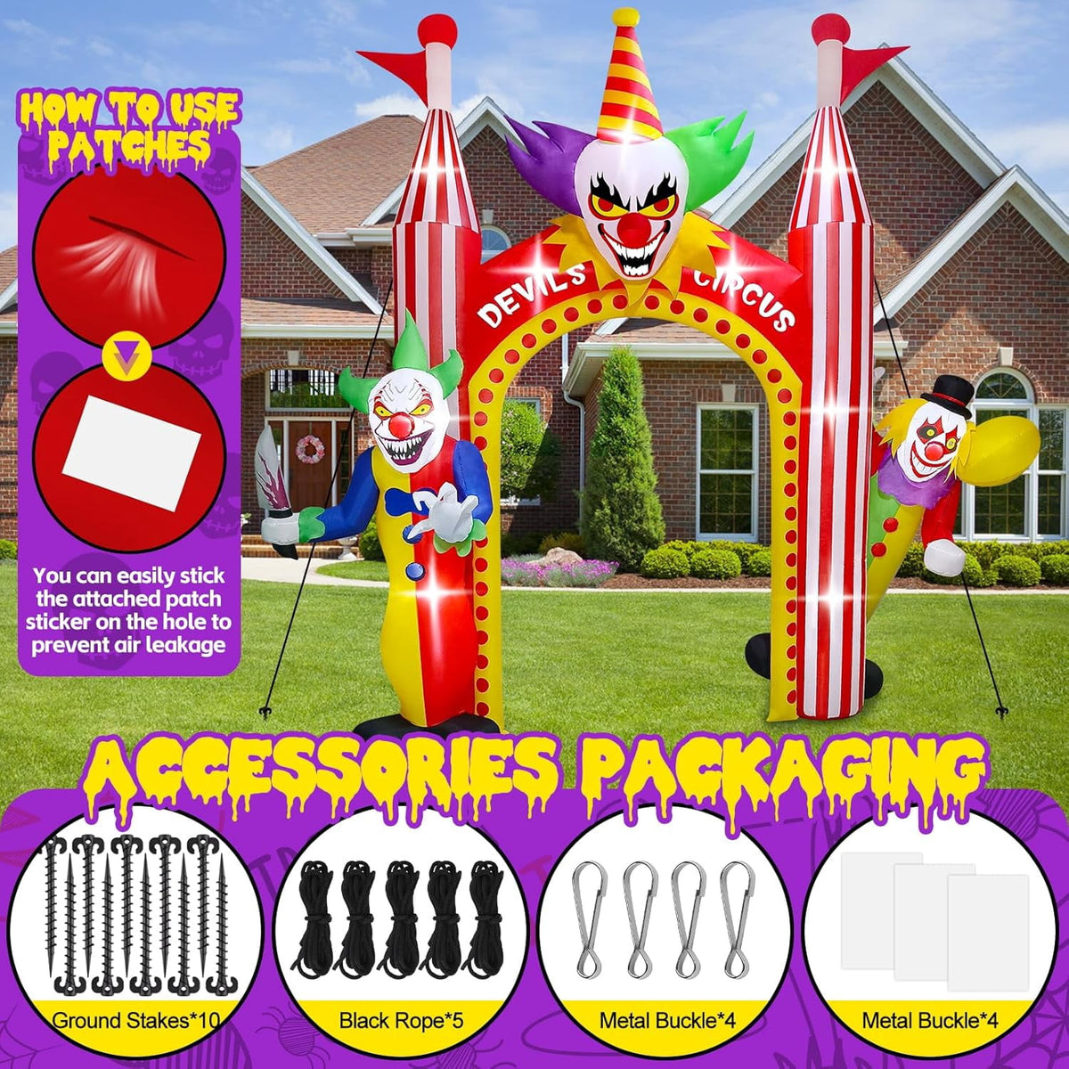 Haunt & Co 12FT Giant Clown Inflatable Archway with Built-in Lights - Scary Outdoor Yard Decorations