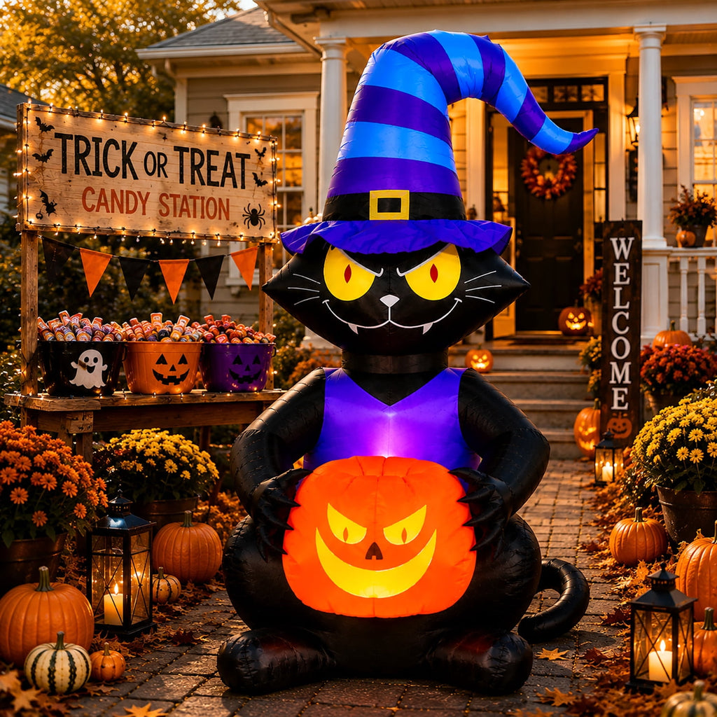 Haunt & Co Toiyjofe 6ft Halloween Inflatable Black Cat with Jack-o'-Lantern & LED Lights, Trick-or-Treat Yard Decoration with Witch Hat