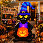 Haunt & Co Toiyjofe 6ft Halloween Inflatable Black Cat with Jack-o'-Lantern & LED Lights, Trick-or-Treat Yard Decoration with Witch Hat