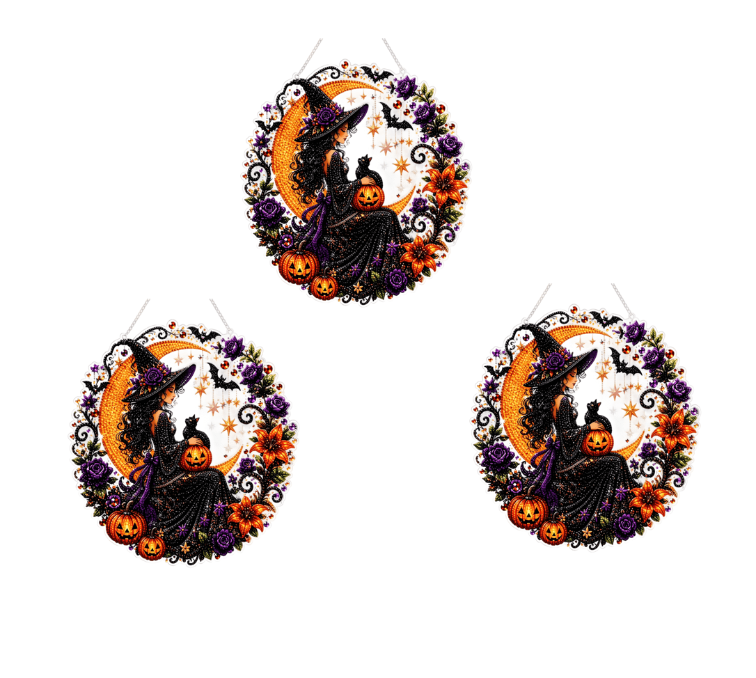 Haunt & Co 3Pcs Halloween Witch Diamond Art Hanging Ornament Kit, 8.26 Inch Halloween Black Cat Moon Diamond Art Hanging Ornament Kit, Hanging Halloween Decorations for Home, Black Cat Halloween Decor