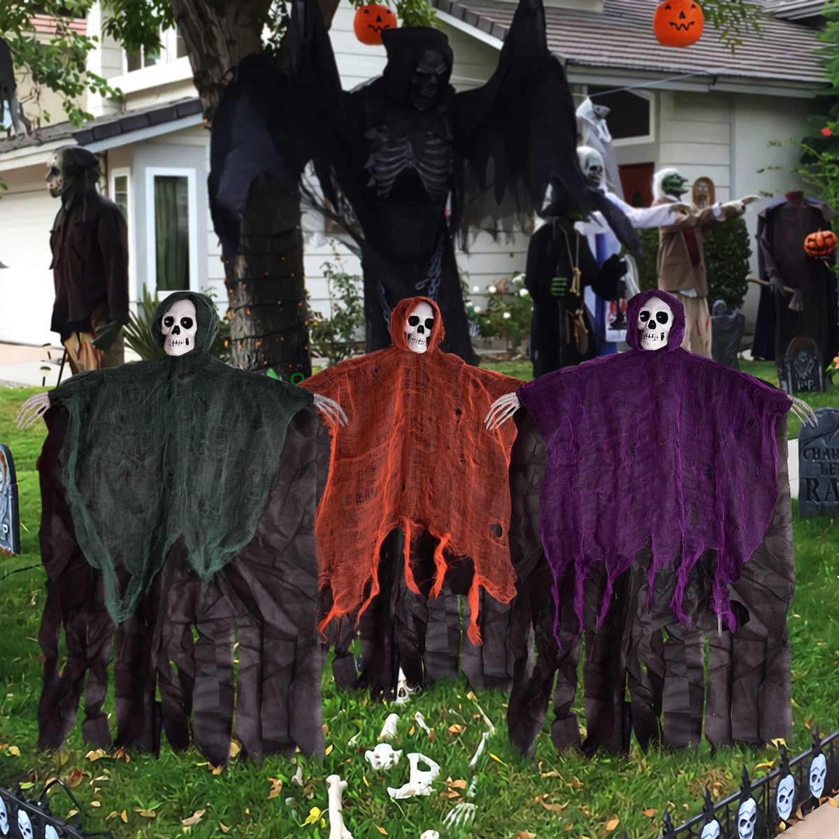 Haunt & Co Nifti Nest Halloween Skeleton, 3 Pcs Ghost Decorations, Halloween Props, Black,Green,Red