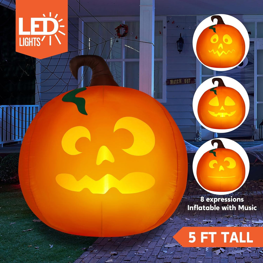 Haunt & Co 5 Ft Tall Halloween Inflatable Pumpkin,Blow Up Pumpkin with Projector Face and Music Lights,Outdoor Decorations