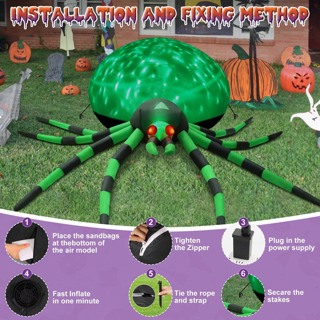 Haunt & Co 8FT Halloween Inflatables Outdoor Decorations Giant Spider Decorations with LED Lights and Air Pump Blow up Inflatable Green