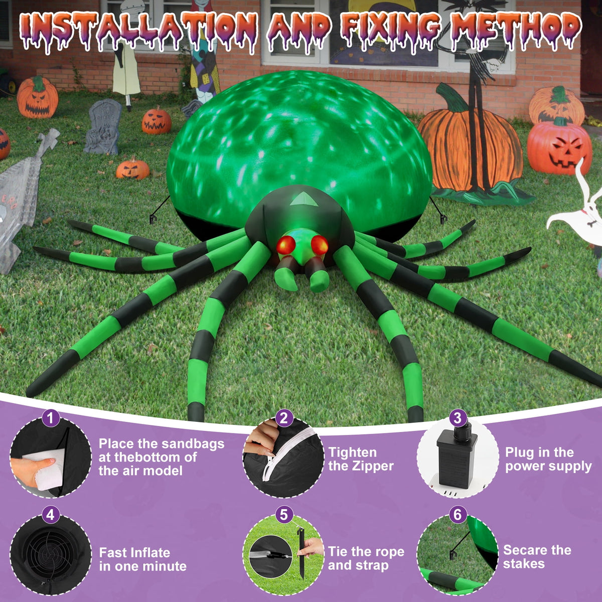Haunt & Co 8FT Halloween Inflatables Outdoor Decorations Giant Spider Decorations with LED Lights and Air Pump Blow up Inflatable Green